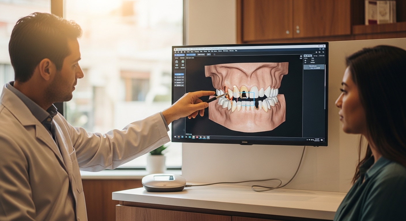 Dentist and patient discussing dental implant options in a modern clinic