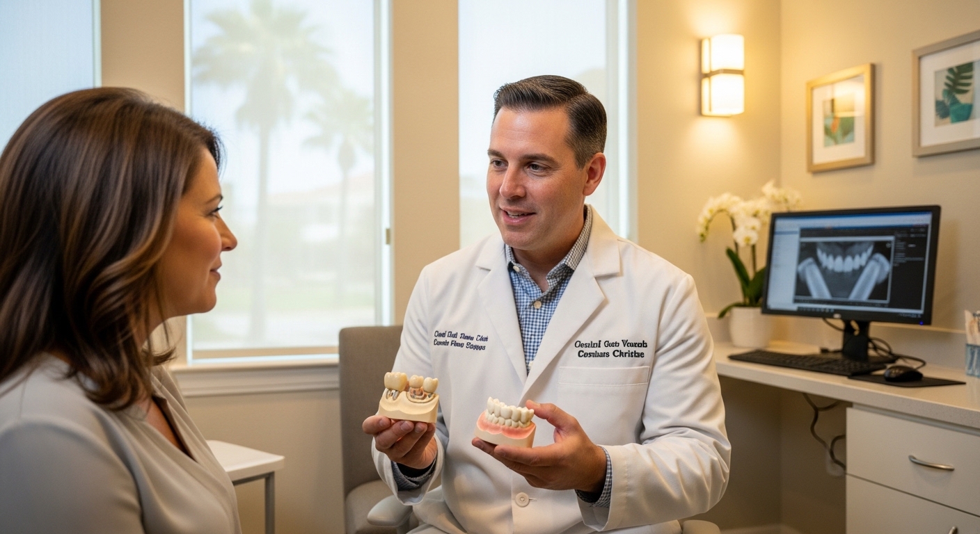 Dentist explaining dental crowns and veneers using models